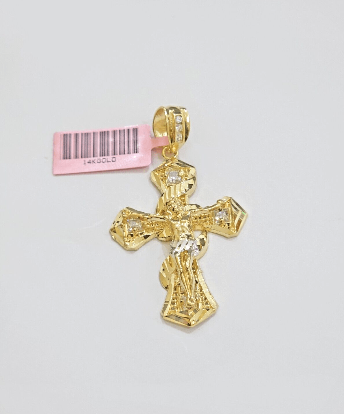 14k Yellow Gold Cross Charm Jesus Pendant 2 Inch CZ Crucifix For Chain 14kt SALE - GoldenlinQ